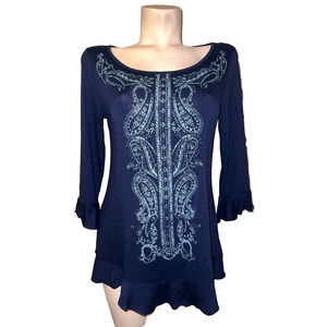 WESTPORT Top Womens Size S Blue 3/4 Ruffle Trim Sleeve Embellished Paisley Shirt